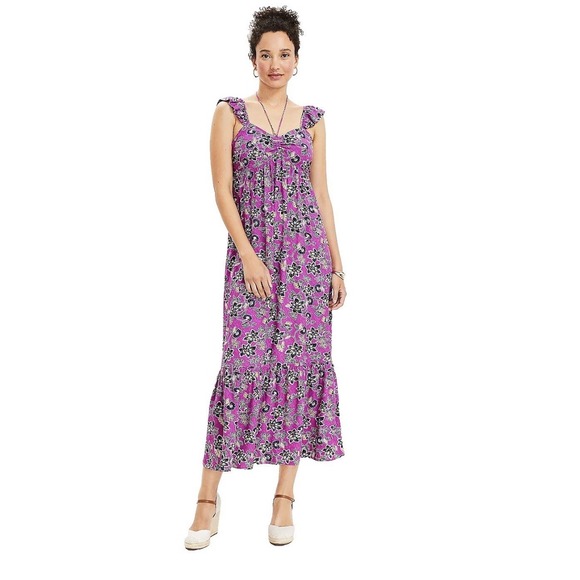 LOFT Dresses & Skirts - NWT LOFT Purple Clover Hibiscus Ruffle Midi‎ Halter Dress Sz. 4 Cottagecore